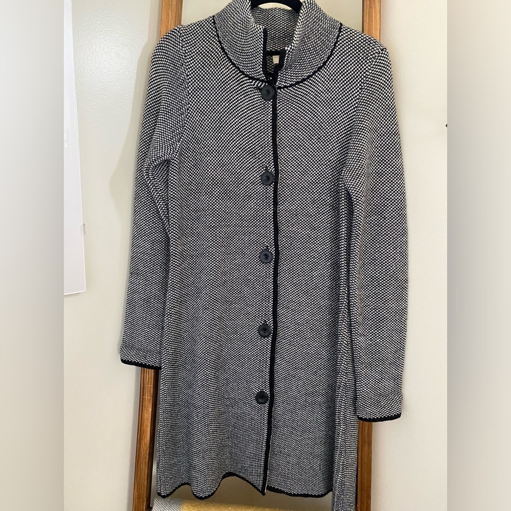 Sweater coat.  Below knee.